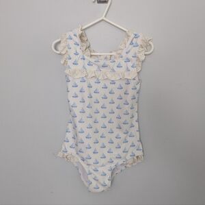 Girls Edgehill Collection Lace Nautical Bow Swimsuit 3T Cream Baby Blue